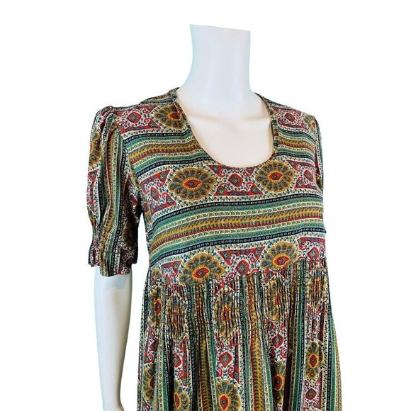 Vintage 70s Maxi Dress Women's Small Bohemian Smocked Waist Folk Tiered - Picture 7 of 10